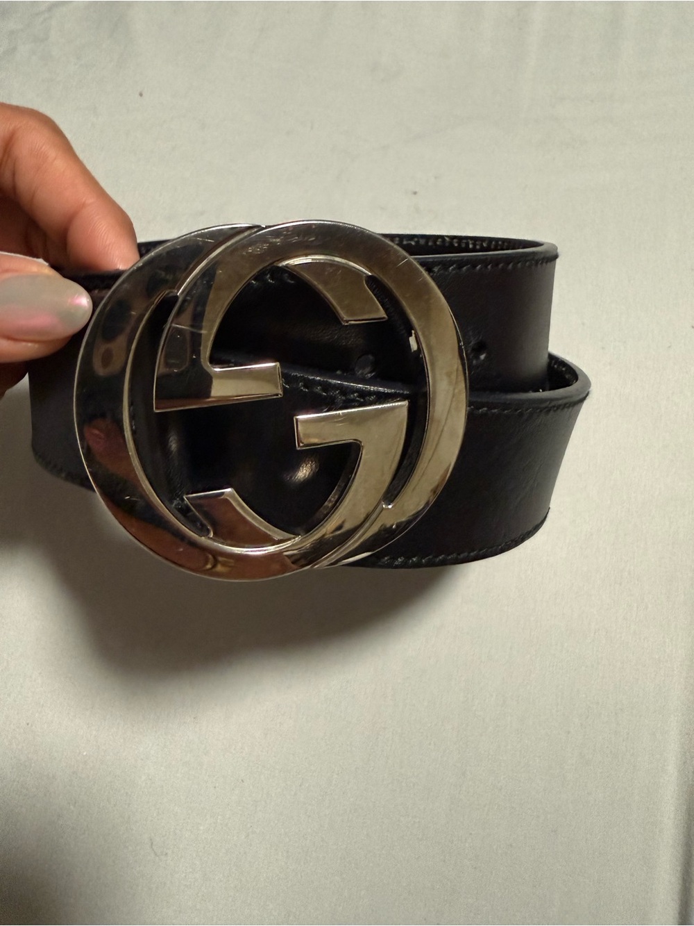 Gucci Black Leather Belt with Silver Interlocking G Buckle size 34